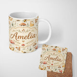 Personalized Custom Name Vintage Butterflies Bees Mushrooms Nature Seamless Pattern Sage 11oz Ceramic Coffee Tea Mug White Large Handle