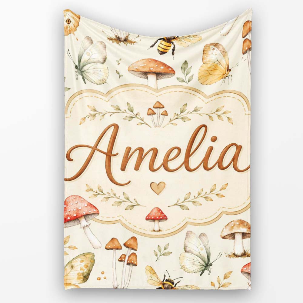 Vintage Butterflies Bees Mushrooms Nature Seamless Pattern Sage  Personalised Custom Name Super Soft Fleece Blanket Bed Sofa Throw