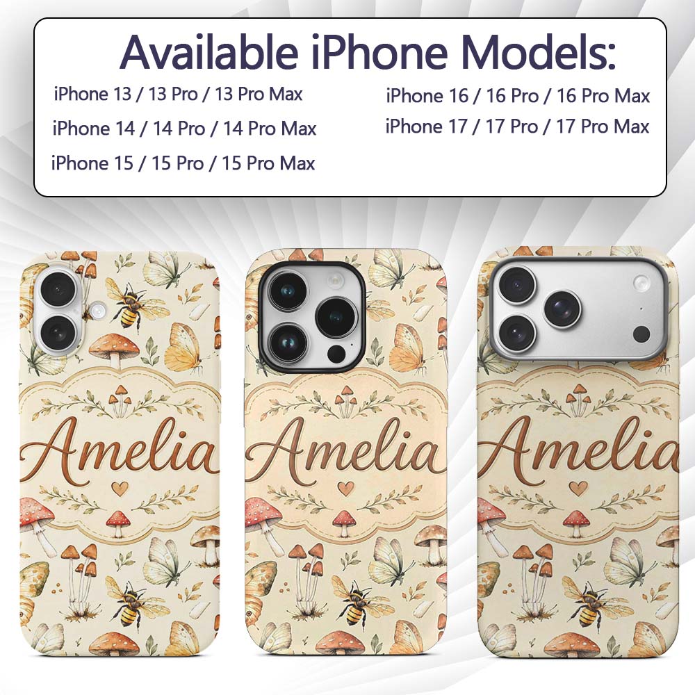 Vintage Butterflies Bees Mushrooms Printed Design Custom Name Protective Phone Case Mobile Cover Durable Everyday Smartphone Shock Resistant