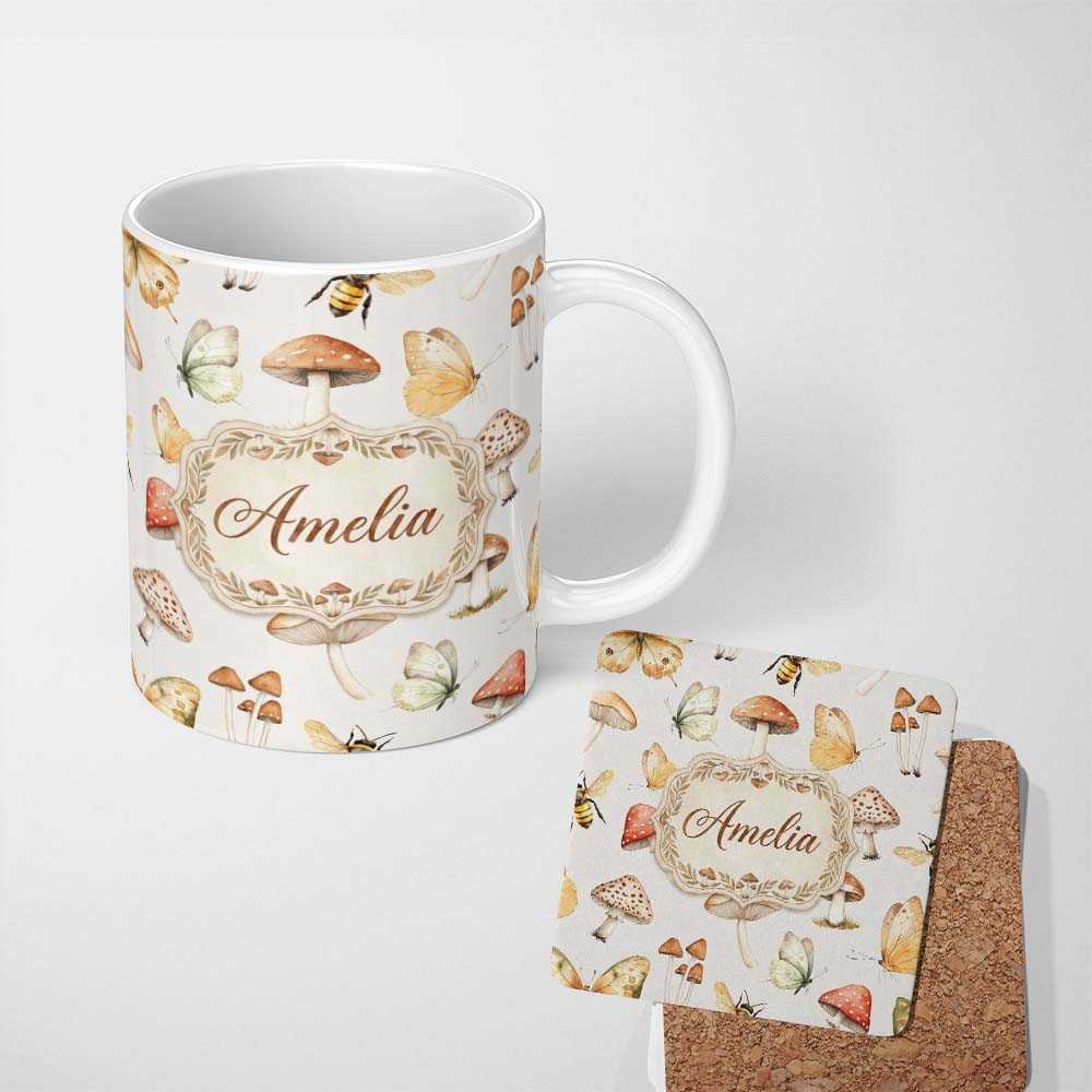 Personalized Custom Name Vintage Butterflies Bees Mushrooms Nature Seamless Pattern Light 11oz Ceramic Coffee Tea Mug White Large Handle