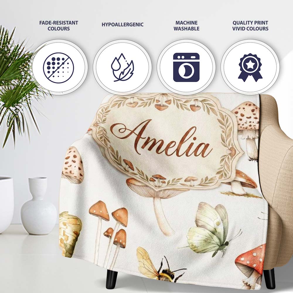 Vintage Butterflies Bees Mushrooms Nature Seamless Pattern Light  Personalised Custom Name Super Soft Fleece Blanket Bed Sofa Throw