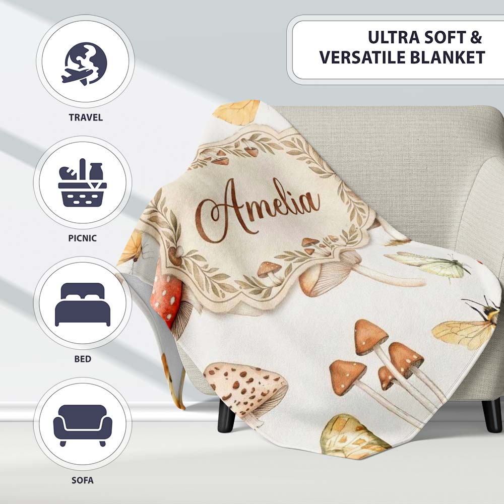 Vintage Butterflies Bees Mushrooms Nature Seamless Pattern Light  Personalised Custom Name Super Soft Fleece Blanket Bed Sofa Throw