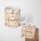 Personalized Custom Name Vintage Butterflies Bees Mushrooms Nature Seamless Pattern Warm 11oz Ceramic Coffee Tea Mug White Large Handle