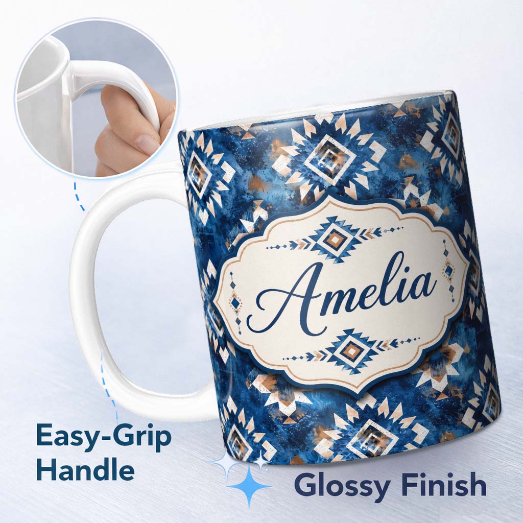 Personalized Custom Name Deep Blue Artistic Tribal Aztec Seamless Pattern Cute Unique Gift 11oz Ceramic Coffee Tea Mug White Large Handle