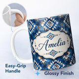 Personalized Custom Name Deep Blue Artistic Tribal Aztec Seamless Pattern Cute Unique Gift 11oz Ceramic Coffee Tea Mug White Large Handle