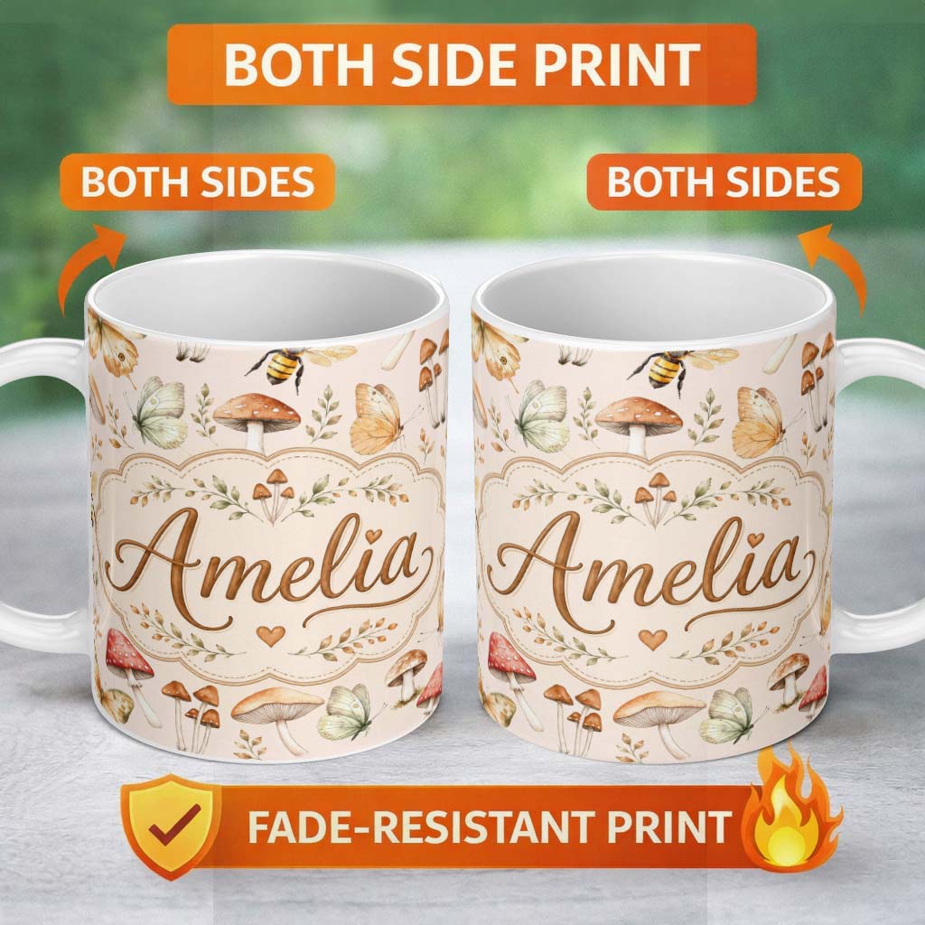 Personalized Custom Name Vintage Butterflies Bees Mushrooms Nature Seamless Pattern Warm 11oz Ceramic Coffee Tea Mug White Large Handle