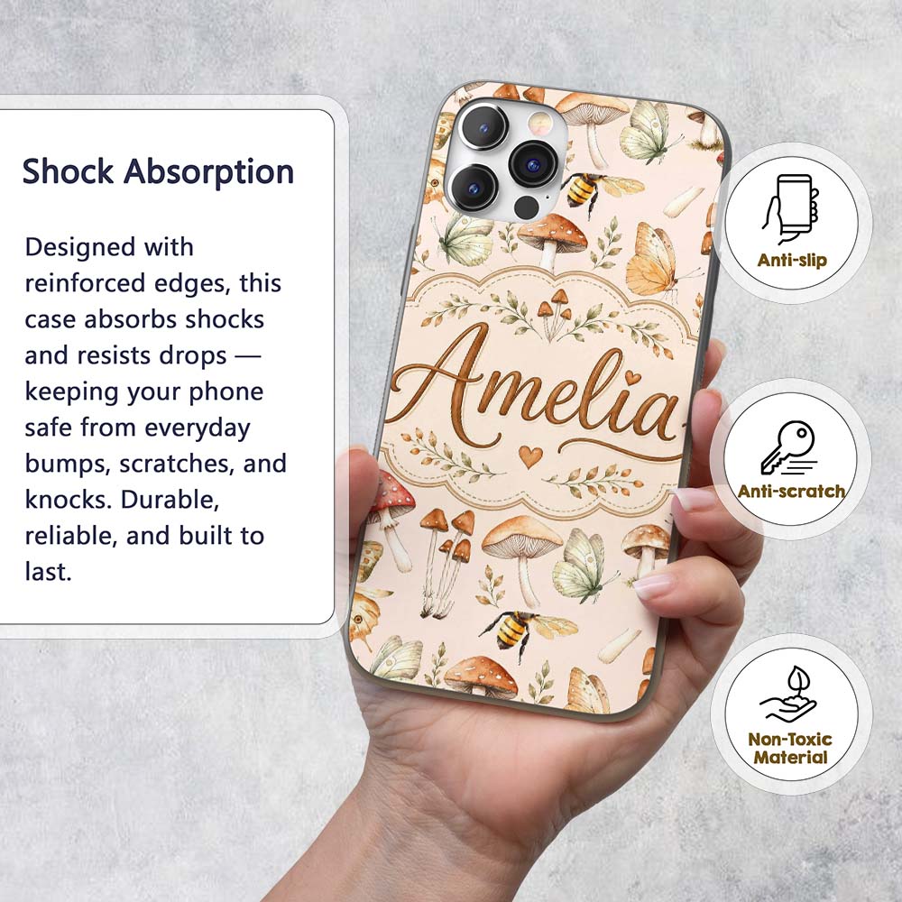 Vintage Butterflies Bees Mushrooms Printed Design Custom Name Protective Phone Case Mobile Cover Durable Everyday Smartphone Shock Resistant
