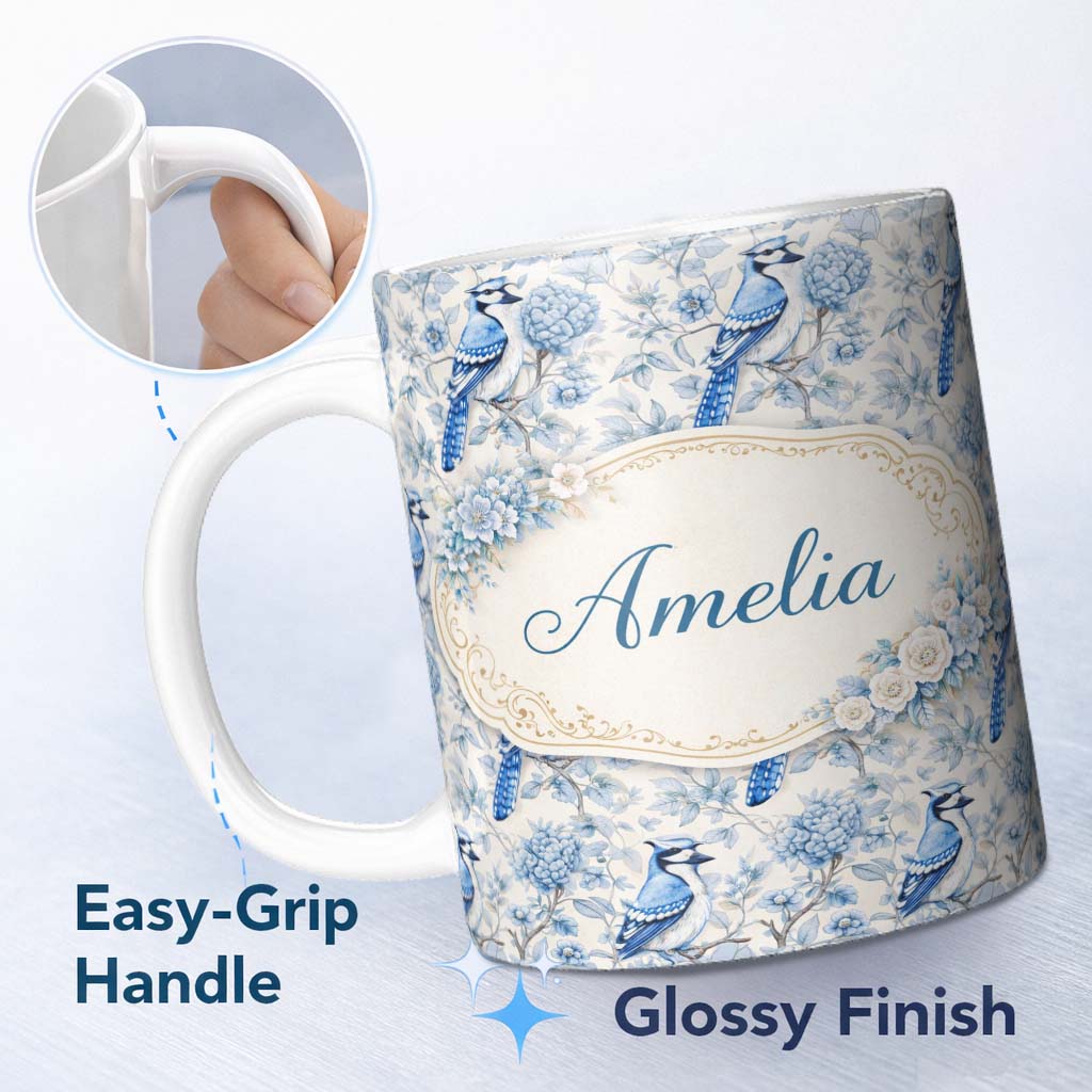 Personalized Custom Name Blue Jay Bird Floral Garden Detailed Botanical Illustration Design 11oz Ceramic Coffee Tea Mug White Large Handle