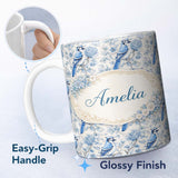 Personalized Custom Name Blue Jay Bird Floral Garden Detailed Botanical Illustration Design 11oz Ceramic Coffee Tea Mug White Large Handle