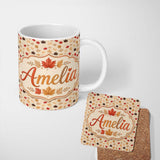 Personalized Custom Name Autumn Maple Leaves in Red Brown and Beige Tones on Soft Background 11oz Ceramic Coffee Tea Mug White Large Handle