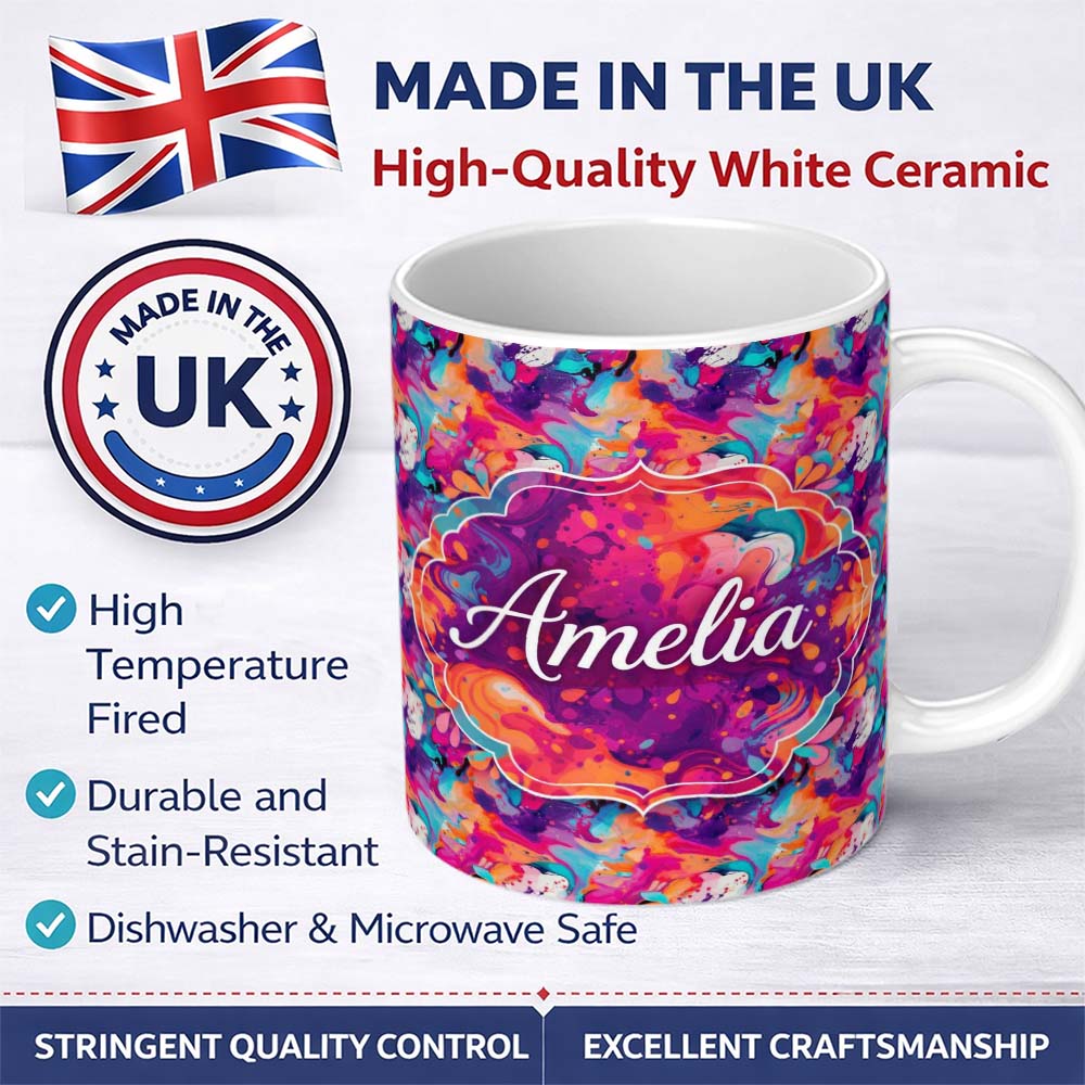 Personalized Custom Name Colourful Liquid Marble Swirl Pink Purple Orange Abstract Pattern 11oz Ceramic Coffee Tea Mug White Large Handle