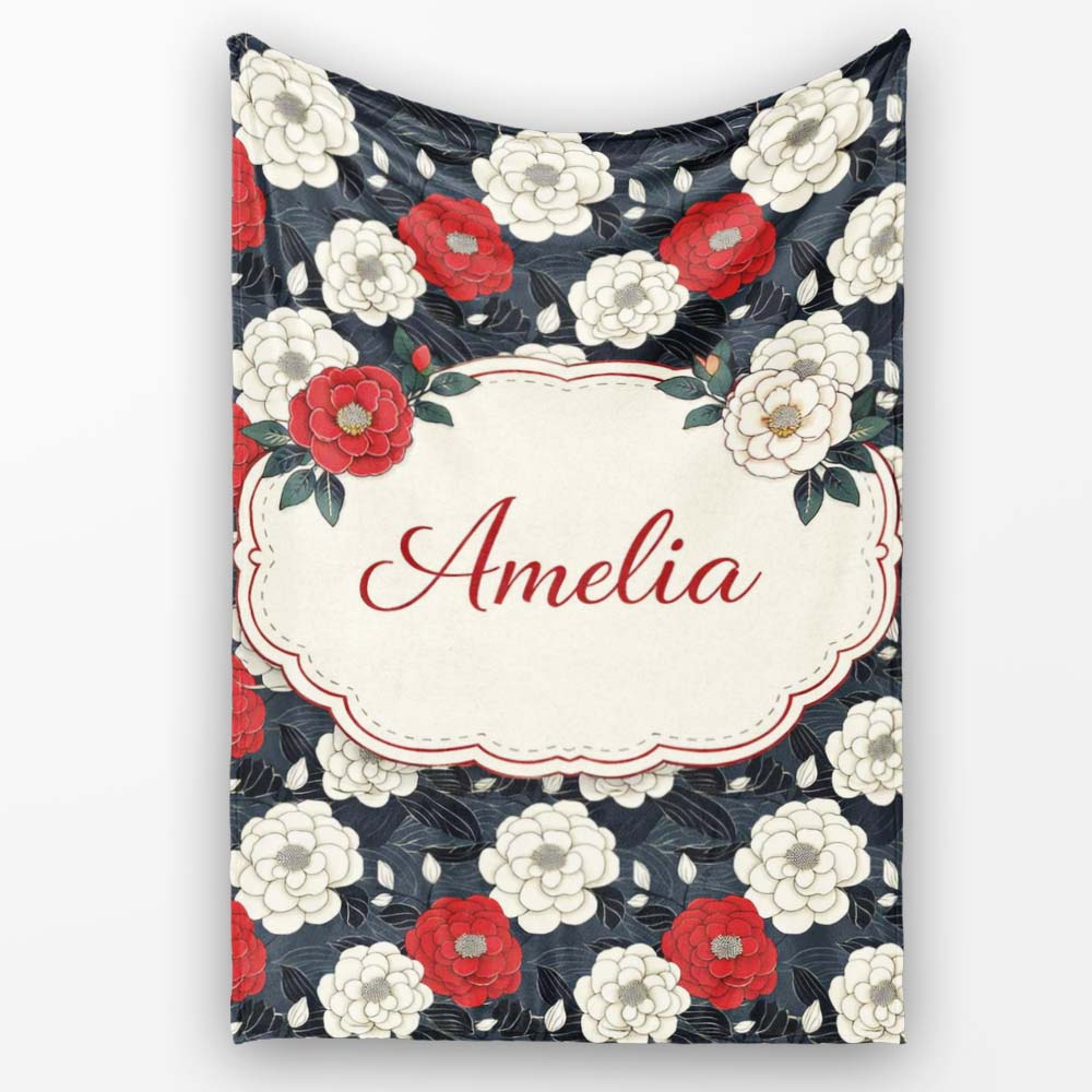 Bold Red and Ivory Camellia Floral Seamless Pattern Cute Unique Gift  Personalised Custom Name Super Soft Fleece Blanket Bed Sofa Throw