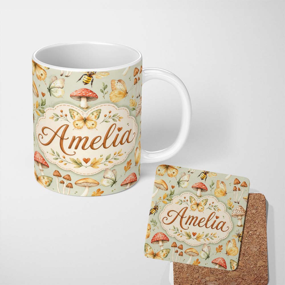 Personalized Custom Name Vintage Butterflies Bees Mushrooms Nature Seamless Pattern Mint 11oz Ceramic Coffee Tea Mug White Large Handle