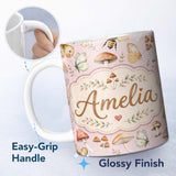 Personalized Custom Name Vintage Butterflies Bees Mushrooms Nature Seamless Pattern Blush 11oz Ceramic Coffee Tea Mug White Large Handle