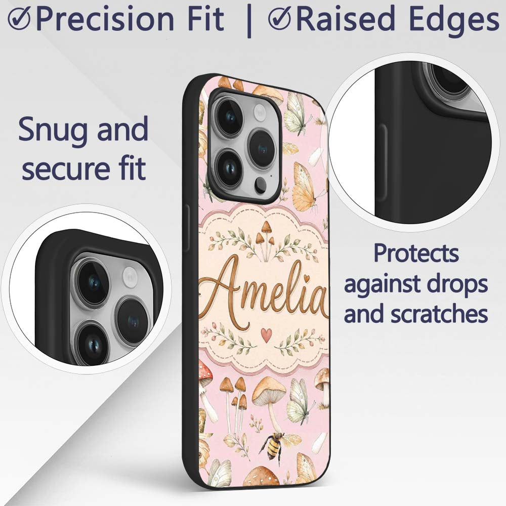 Vintage Butterflies Bees Mushrooms Printed Design Custom Name Protective Phone Case Mobile Cover Durable Everyday Smartphone Shock Resistant