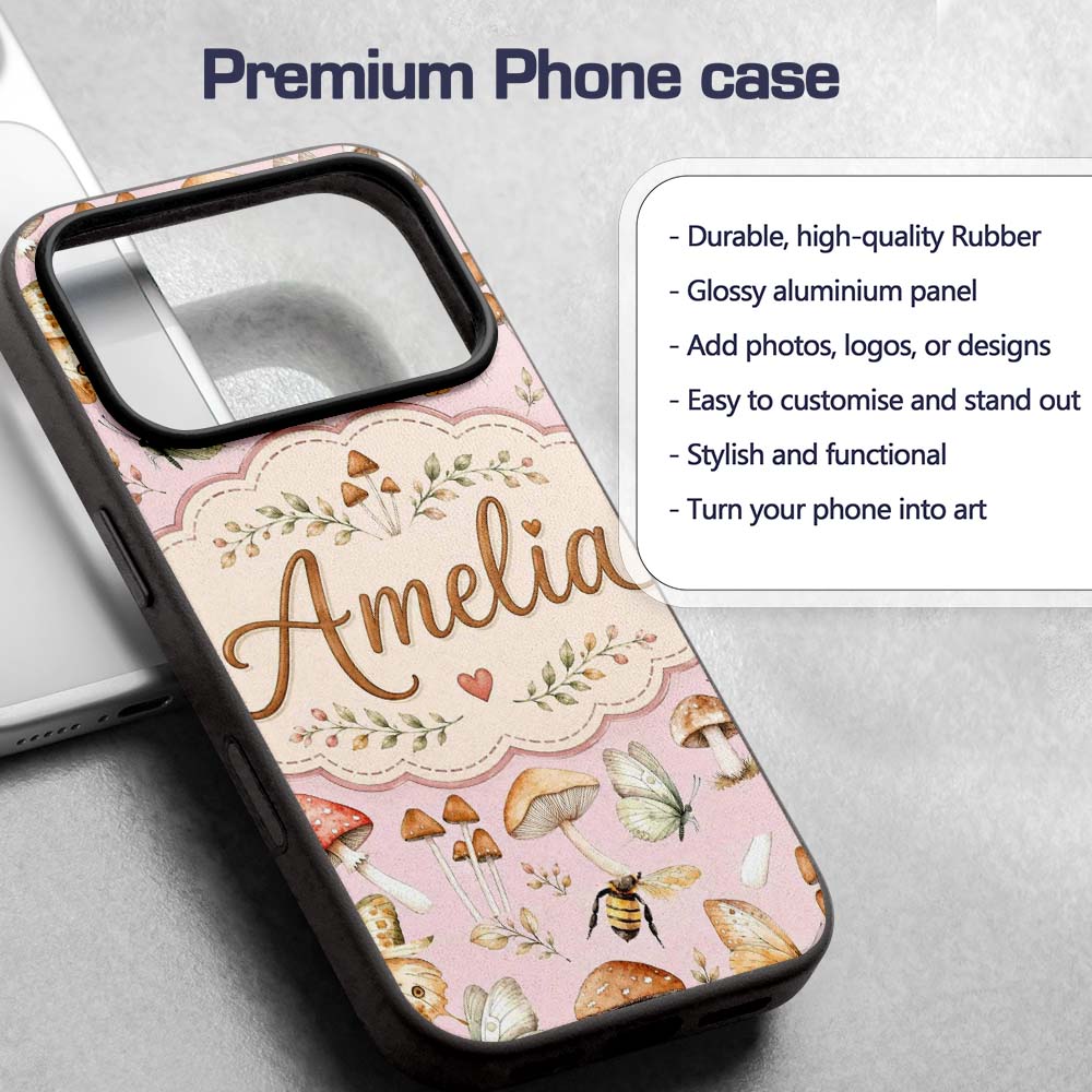 Vintage Butterflies Bees Mushrooms Printed Design Custom Name Protective Phone Case Mobile Cover Durable Everyday Smartphone Shock Resistant