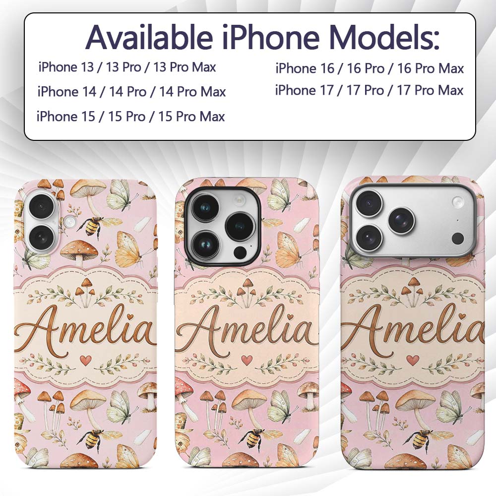 Vintage Butterflies Bees Mushrooms Printed Design Custom Name Protective Phone Case Mobile Cover Durable Everyday Smartphone Shock Resistant
