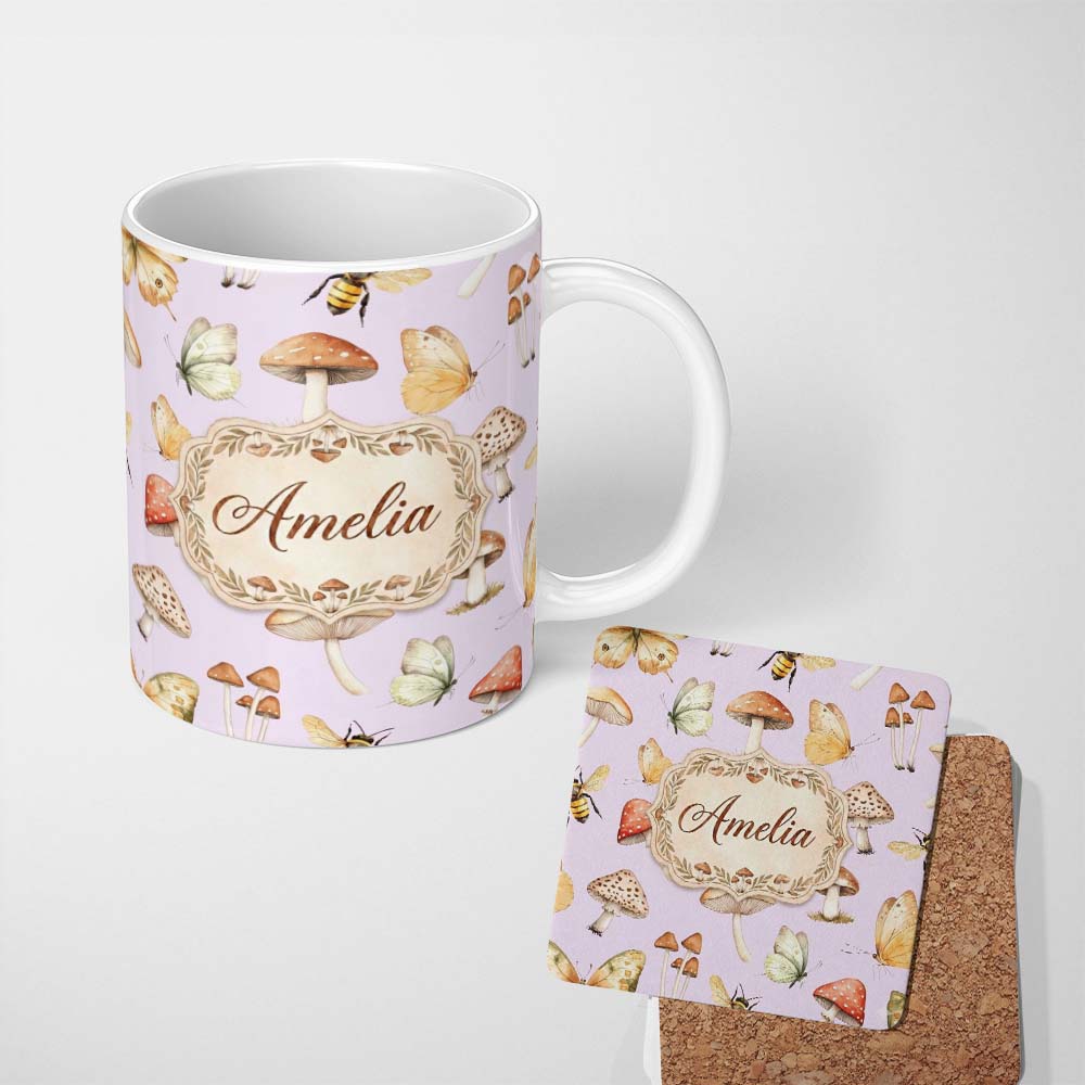 Personalized Custom Name Vintage Butterflies Bees Mushrooms Nature Seamless Pattern Soft 11oz Ceramic Coffee Tea Mug White Large Handle