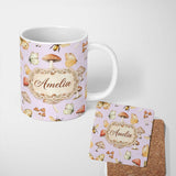Personalized Custom Name Vintage Butterflies Bees Mushrooms Nature Seamless Pattern Soft 11oz Ceramic Coffee Tea Mug White Large Handle