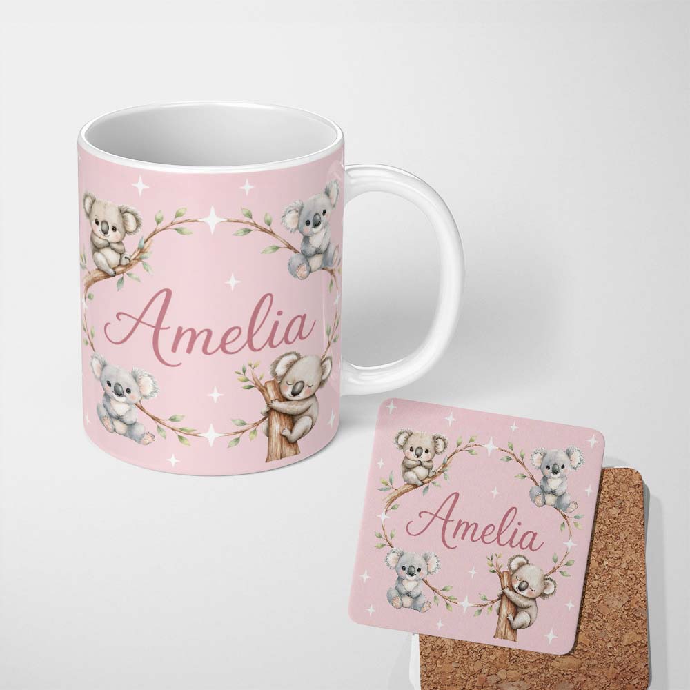 Personalized Custom Name Cute Baby Koala Bears with Stars on Dusty Rose Background Seamless 11oz Ceramic Coffee Tea Mug White Large Handle