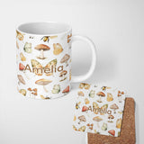 Personalized Custom Name Vintage Butterflies Bees Mushrooms Nature Seamless Pattern Light 11oz Ceramic Coffee Tea Mug White Large Handle
