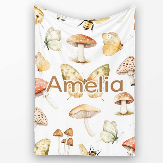 Vintage Butterflies Bees Mushrooms Nature Seamless Pattern Light  Personalised Custom Name Super Soft Fleece Blanket Bed Sofa Throw