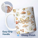 Personalized Custom Name Vintage Butterflies Bees Mushrooms Nature Seamless Pattern Light 11oz Ceramic Coffee Tea Mug White Large Handle