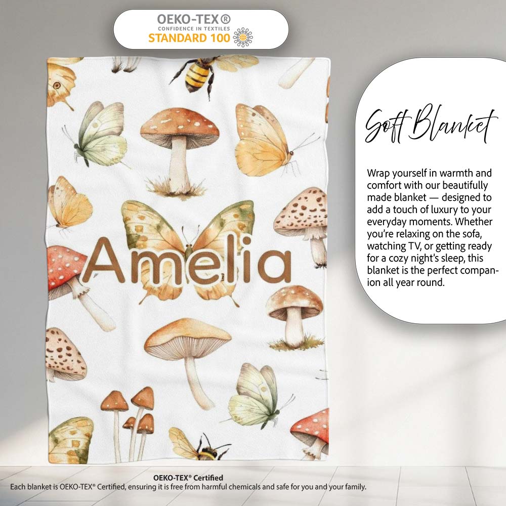 Vintage Butterflies Bees Mushrooms Nature Seamless Pattern Light  Personalised Custom Name Super Soft Fleece Blanket Bed Sofa Throw
