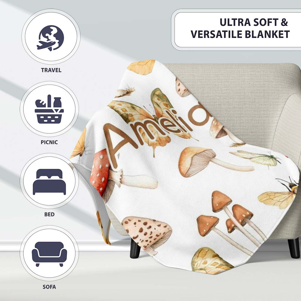 Vintage Butterflies Bees Mushrooms Nature Seamless Pattern Light  Personalised Custom Name Super Soft Fleece Blanket Bed Sofa Throw