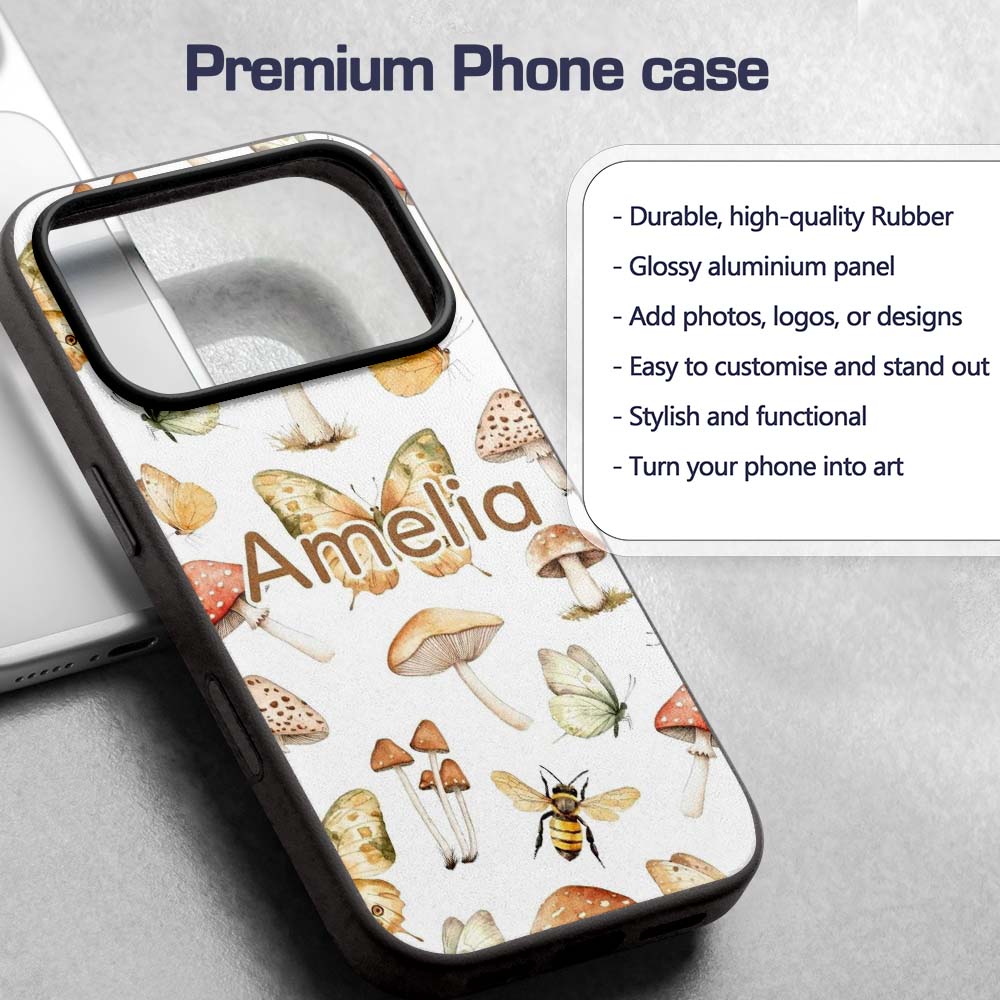 Vintage Butterflies Bees Mushrooms Printed Design Custom Name Protective Phone Case Mobile Cover Durable Everyday Smartphone Shock Resistant