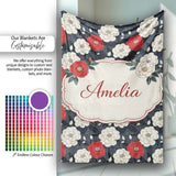 Bold Red and Ivory Camellia Floral Seamless Pattern Cute Unique Gift  Personalised Custom Name Super Soft Fleece Blanket Bed Sofa Throw