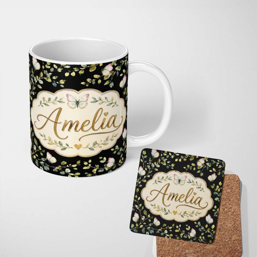 Personalized Custom Name Watercolor Butterflies Green Leaves Branches Seamless Pattern Black 11oz Ceramic Coffee Tea Mug White Large Handle