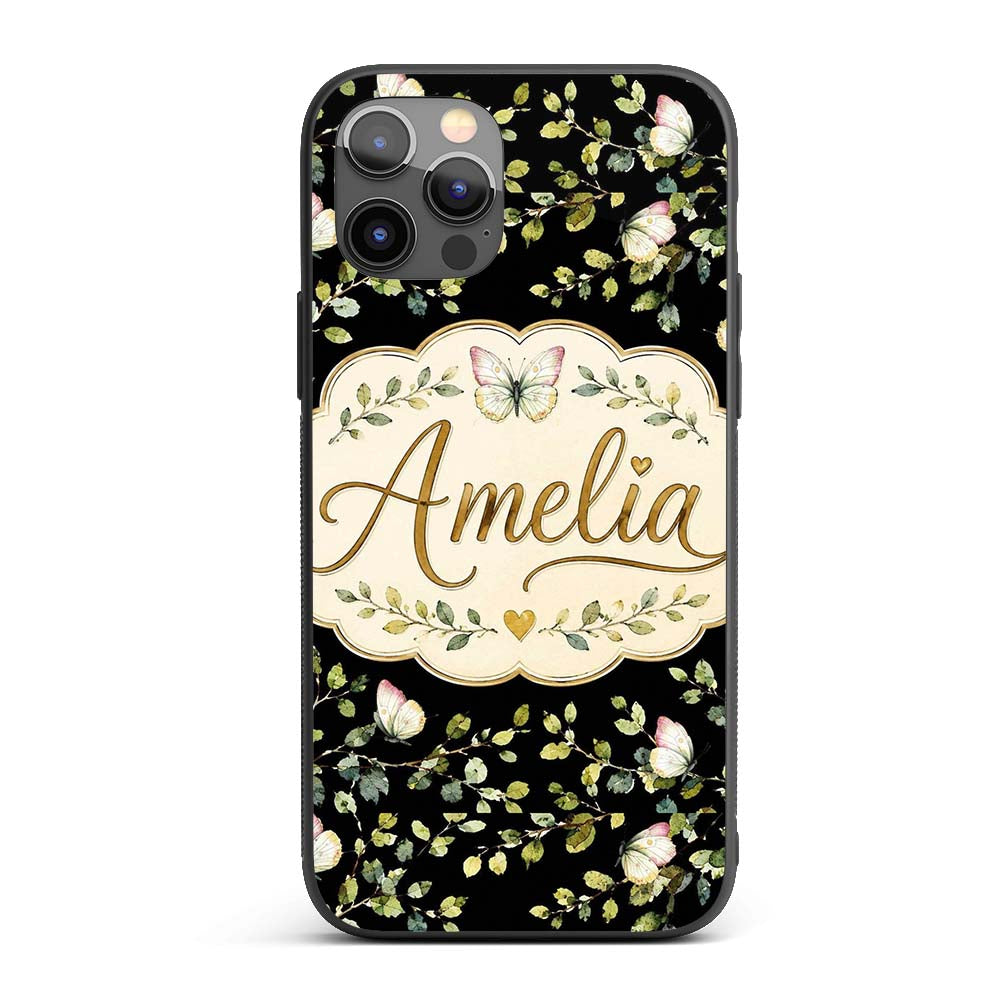 Watercolor Butterflies Green Leaves Branches Custom Name Protective Phone Case Mobile Cover Durable Everyday Smartphone Shock Resistant