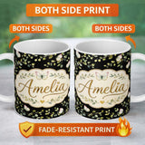 Personalized Custom Name Watercolor Butterflies Green Leaves Branches Seamless Pattern Black 11oz Ceramic Coffee Tea Mug White Large Handle