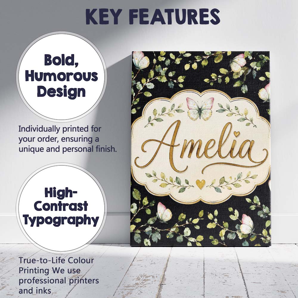 Personalised Name Watercolor Butterflies Custom  Unique Gift Idea Elegant Feature Canvas Wall Art Print Decor Picture Ready to Hang