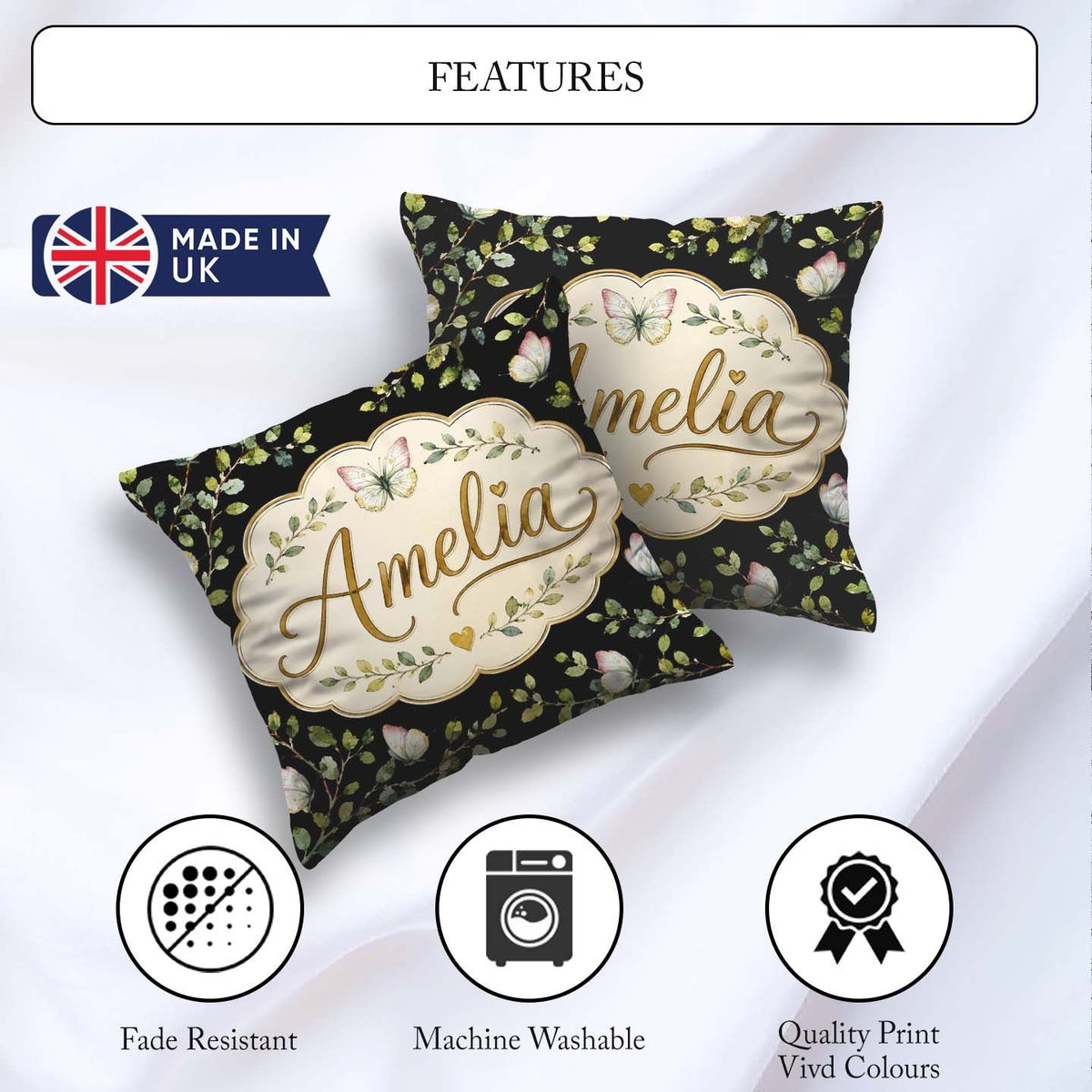 Custom Name Watercolor Butterflies Green Leaves Branches Pattern Square Filled Cushion Throw Pillow Sofa Bed Home Decor Zip Washable UK Made