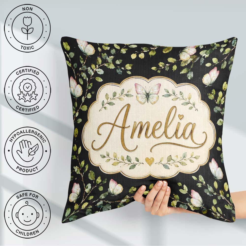 Custom Name Watercolor Butterflies Green Leaves Branches Pattern Square Filled Cushion Throw Pillow Sofa Bed Home Decor Zip Washable UK Made