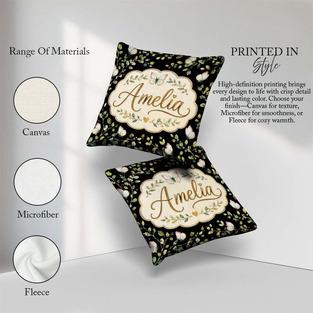 Custom Name Watercolor Butterflies Green Leaves Branches Pattern Square Filled Cushion Throw Pillow Sofa Bed Home Decor Zip Washable UK Made