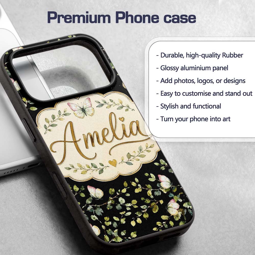 Watercolor Butterflies Green Leaves Branches Custom Name Protective Phone Case Mobile Cover Durable Everyday Smartphone Shock Resistant