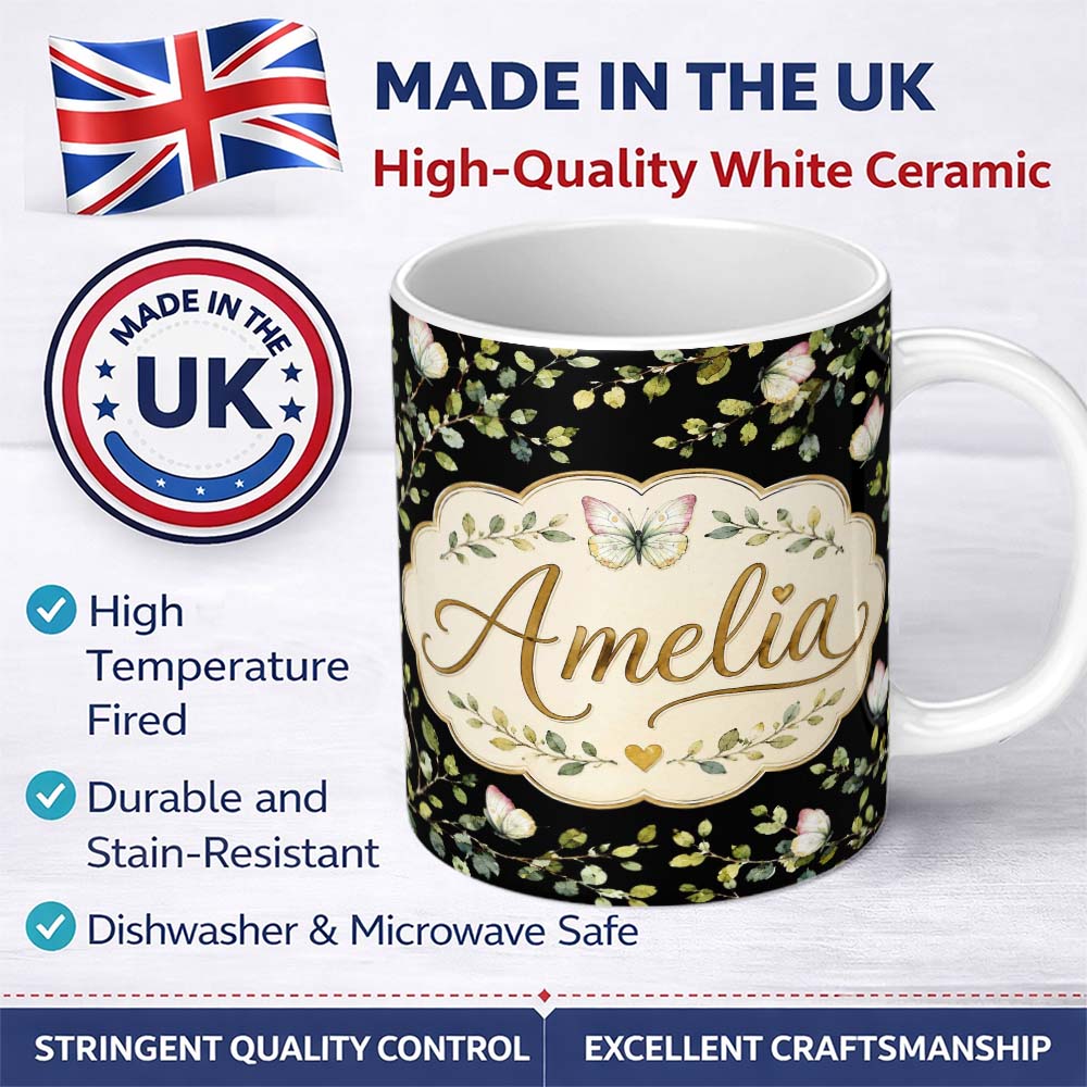 Personalized Custom Name Watercolor Butterflies Green Leaves Branches Seamless Pattern Black 11oz Ceramic Coffee Tea Mug White Large Handle