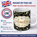 Personalized Custom Name Watercolor Butterflies Green Leaves Branches Seamless Pattern Black 11oz Ceramic Coffee Tea Mug White Large Handle