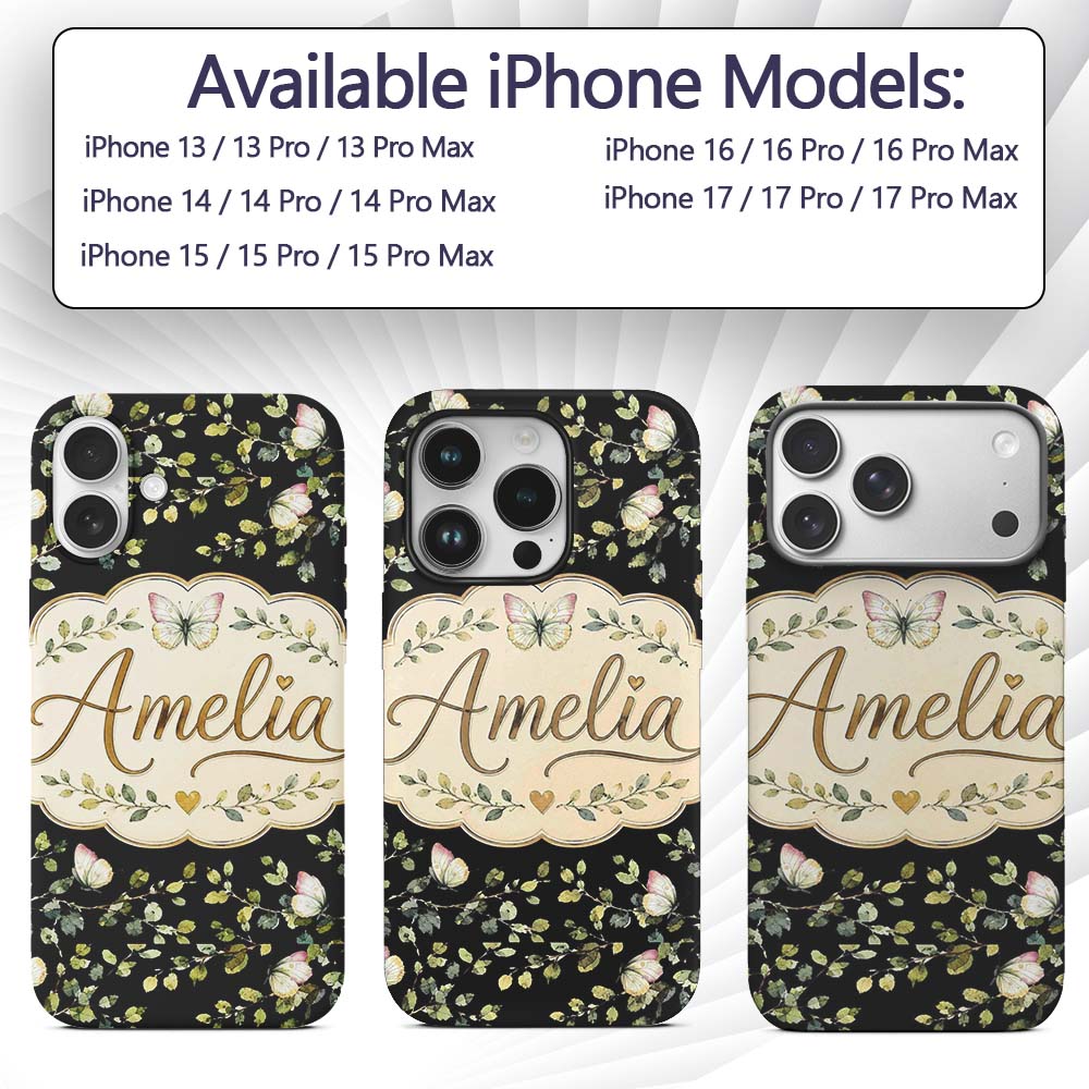 Watercolor Butterflies Green Leaves Branches Custom Name Protective Phone Case Mobile Cover Durable Everyday Smartphone Shock Resistant