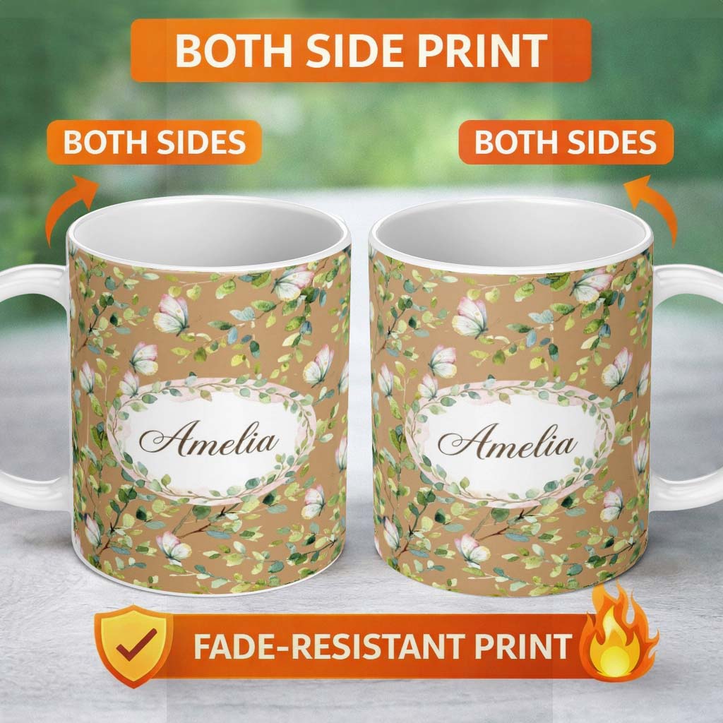 Personalized Custom Name Watercolor Butterflies Green Leaves Branches Seamless Pattern Warm 11oz Ceramic Coffee Tea Mug White Large Handle