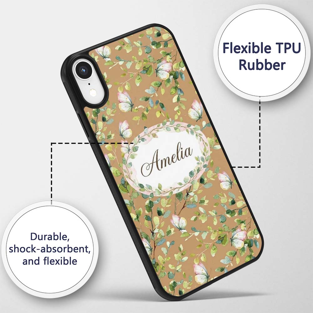 Watercolor Butterflies Green Leaves Branches Custom Name Protective Phone Case Mobile Cover Durable Everyday Smartphone Shock Resistant