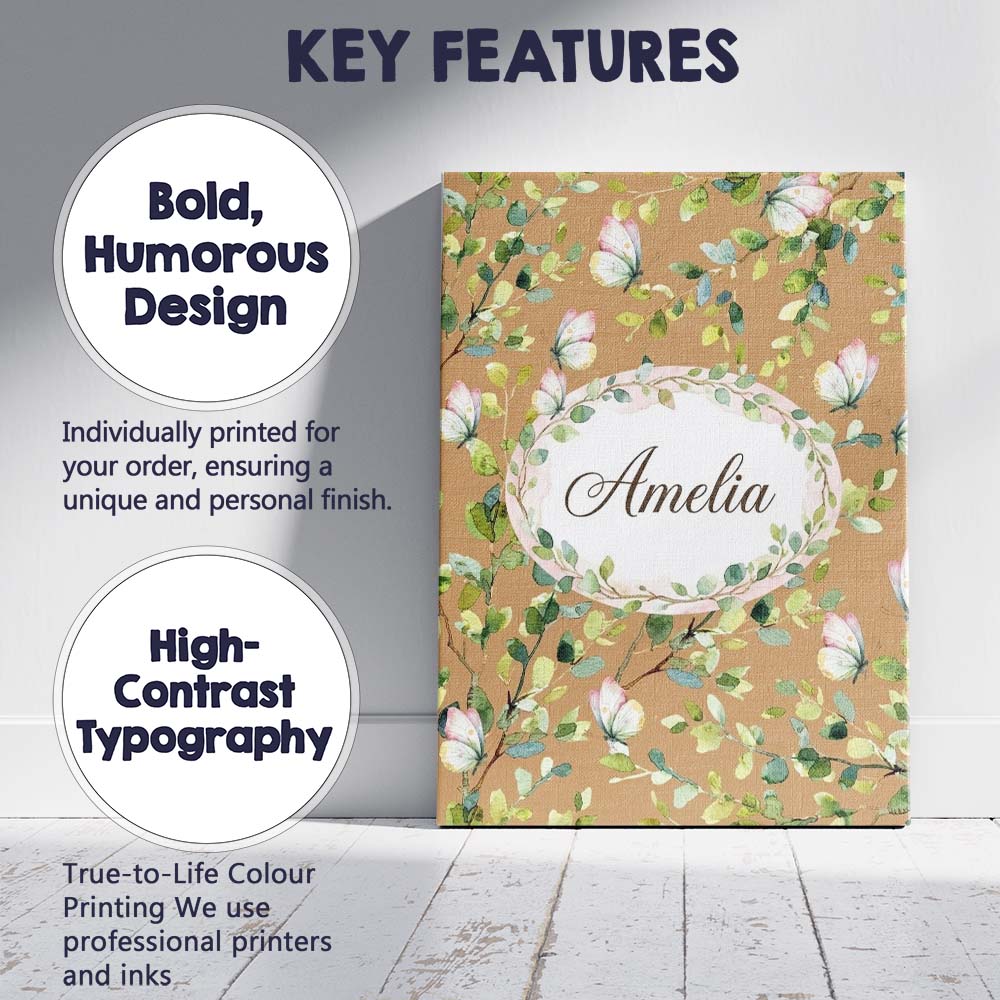 Personalised Name Watercolor Butterflies Custom  Unique Gift Idea Elegant Feature Canvas Wall Art Print Decor Picture Ready to Hang