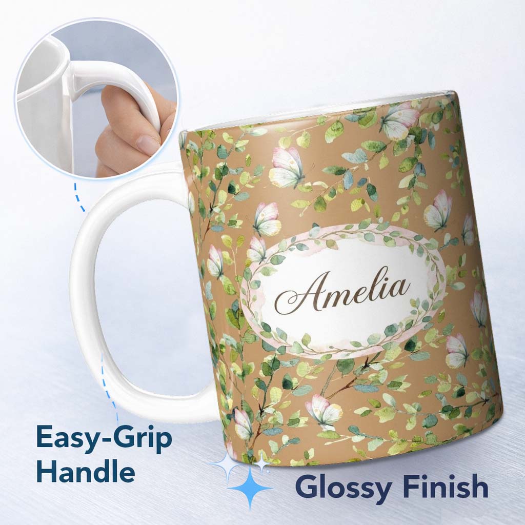 Personalized Custom Name Watercolor Butterflies Green Leaves Branches Seamless Pattern Warm 11oz Ceramic Coffee Tea Mug White Large Handle