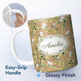 Personalized Custom Name Watercolor Butterflies Green Leaves Branches Seamless Pattern Warm 11oz Ceramic Coffee Tea Mug White Large Handle