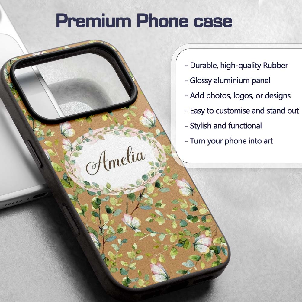 Watercolor Butterflies Green Leaves Branches Custom Name Protective Phone Case Mobile Cover Durable Everyday Smartphone Shock Resistant