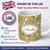 Personalized Custom Name Watercolor Butterflies Green Leaves Branches Seamless Pattern Warm 11oz Ceramic Coffee Tea Mug White Large Handle