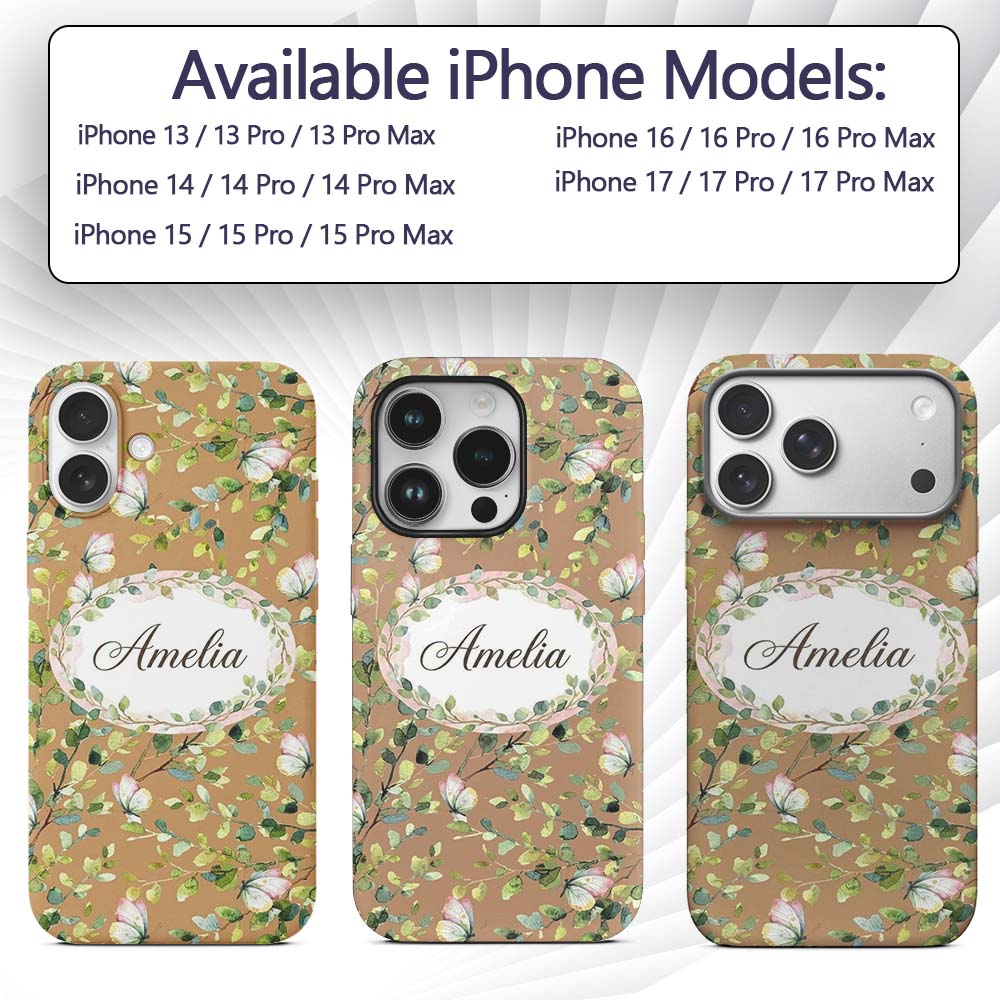 Watercolor Butterflies Green Leaves Branches Custom Name Protective Phone Case Mobile Cover Durable Everyday Smartphone Shock Resistant